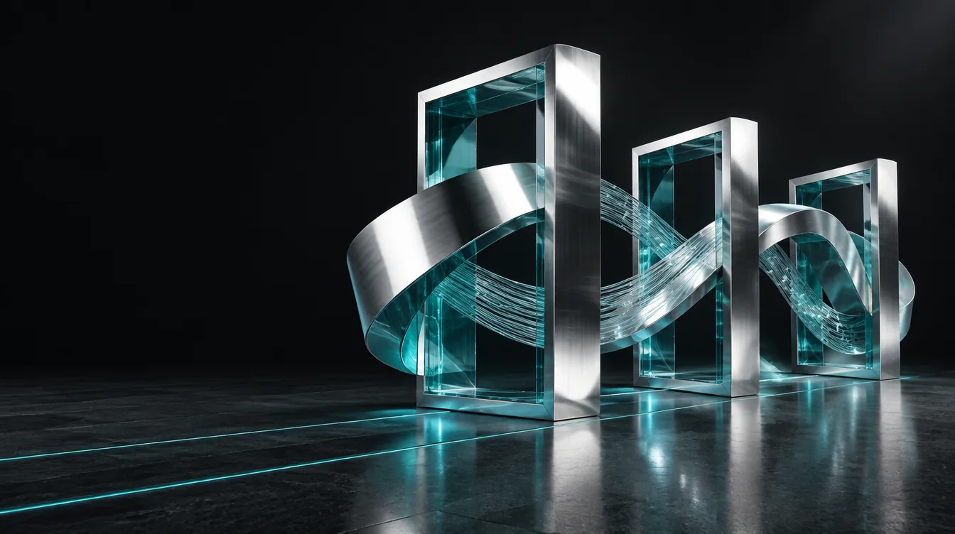 Sculptural chrome ribbons connecting glass architecture